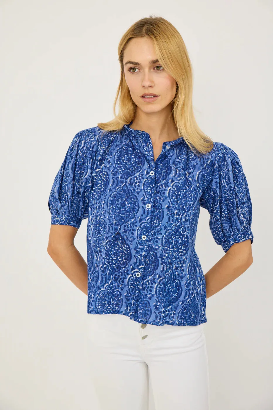 Abby Ruffle Top | Delft Blue sold by Belletique