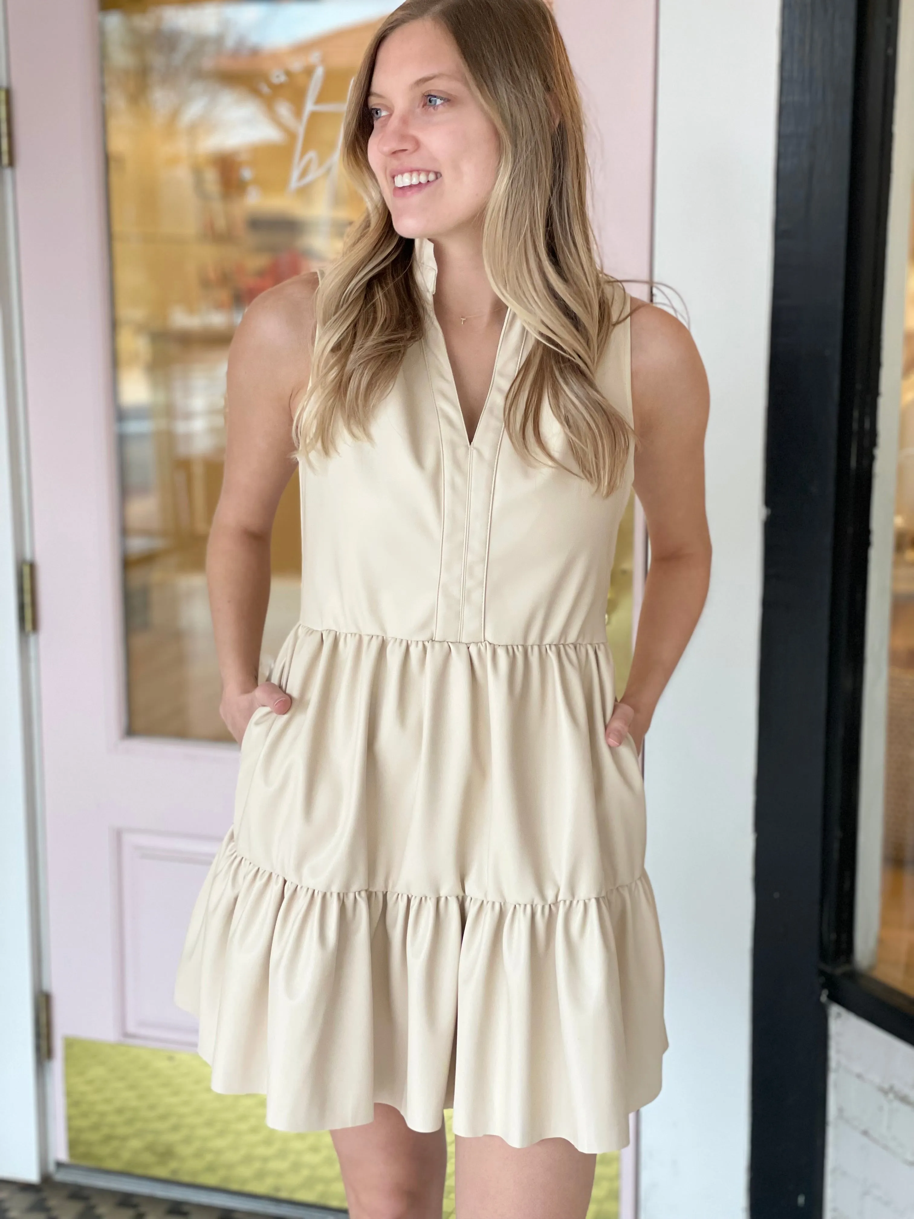 Vegan Leather Tiered Dress | Ivory sold by Belletique product image thumbnail 2