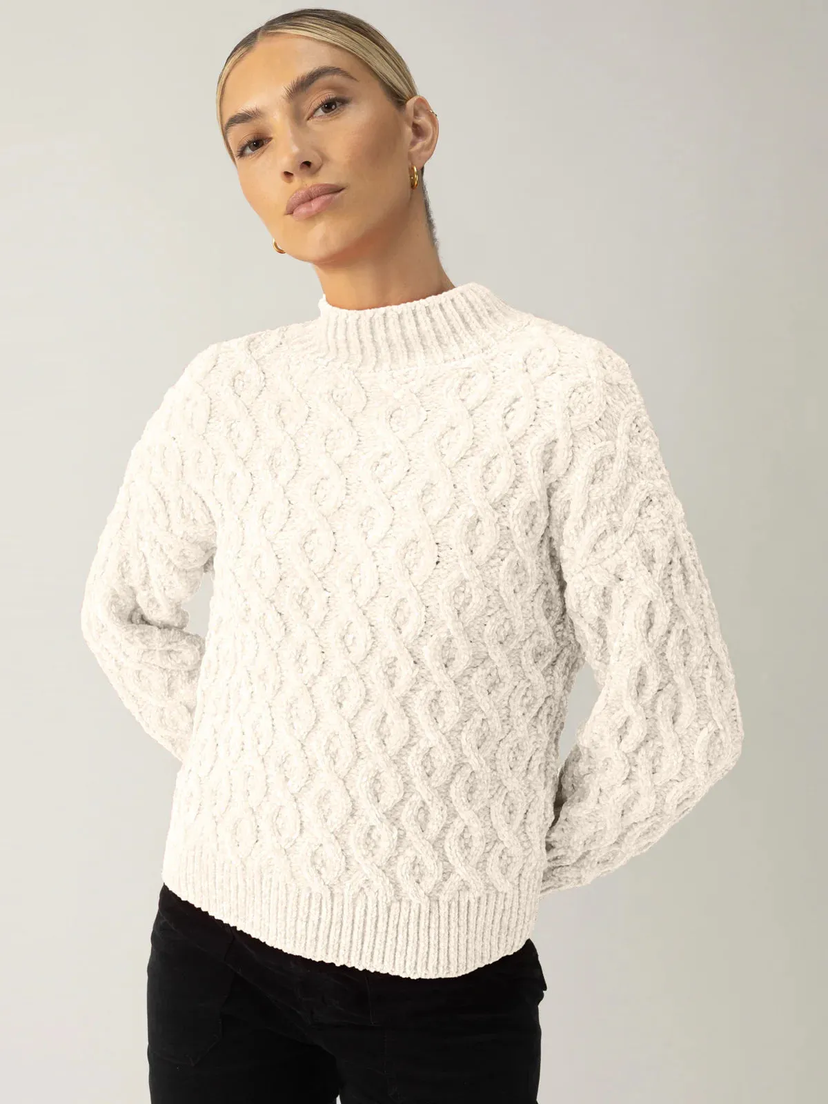 Cable Mock Neck Sweater | Light Almond sold by Belletique