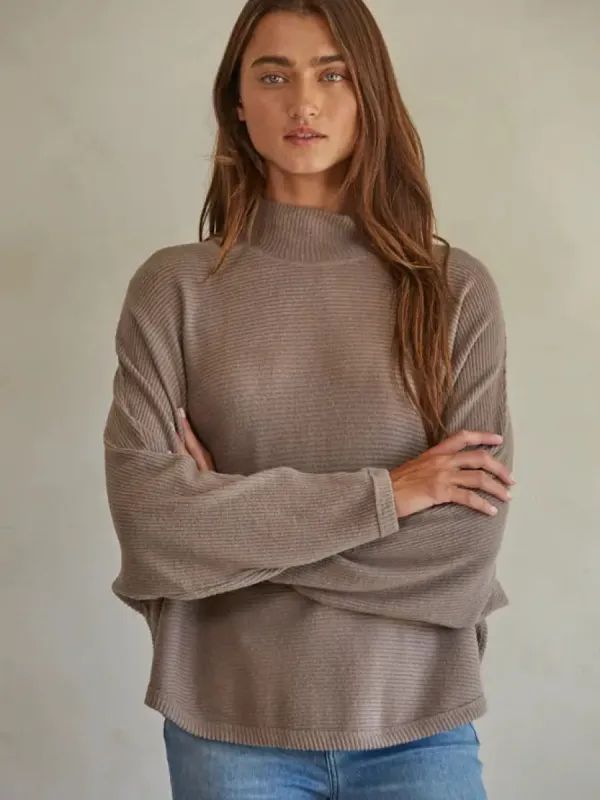 Knit Ribbed Mock Neck Long Sleeve Pullover | Mocha sold by Belletique