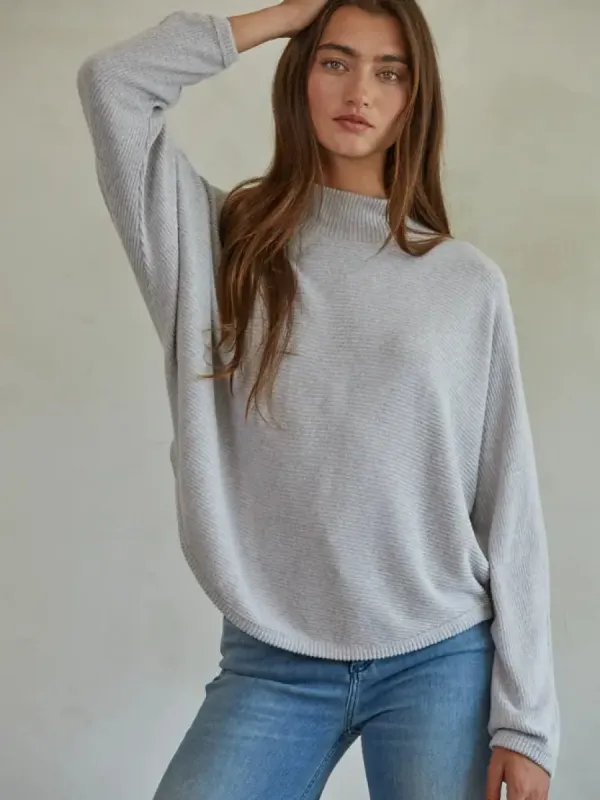 Knit Ribbed Mock Neck Long Sleeve Pullover | Misty Grey sold by Belletique