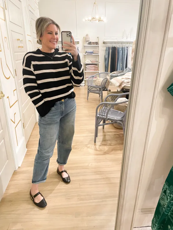 Chilly Out Chenille Sweater Black Toasted Stripe sold by Belletique