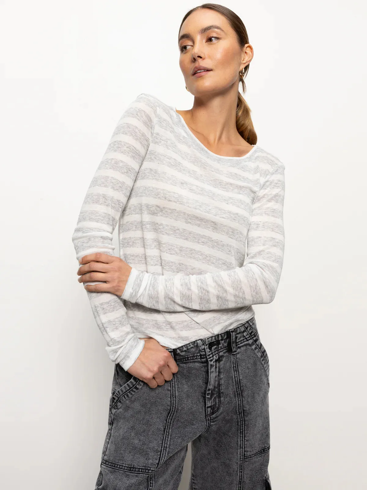 Femme Crew Stripe Tee | Dewey Grey/Chalk Stripe sold by Belletique