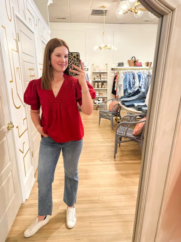 Emilia Embroidered Top | Jester Red sold by Belletique