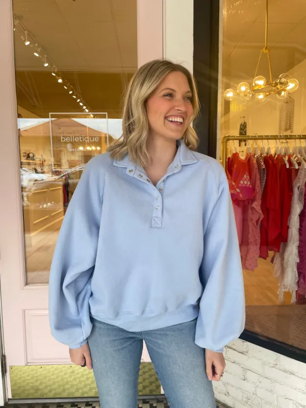 Piper Snap Collared Sweatshirt | Sky Blue sold by Belletique
