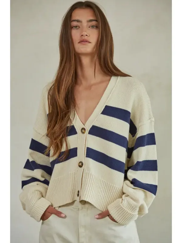 Knit Sweater Button Down Cardigan | Cream + Navy sold by Belletique