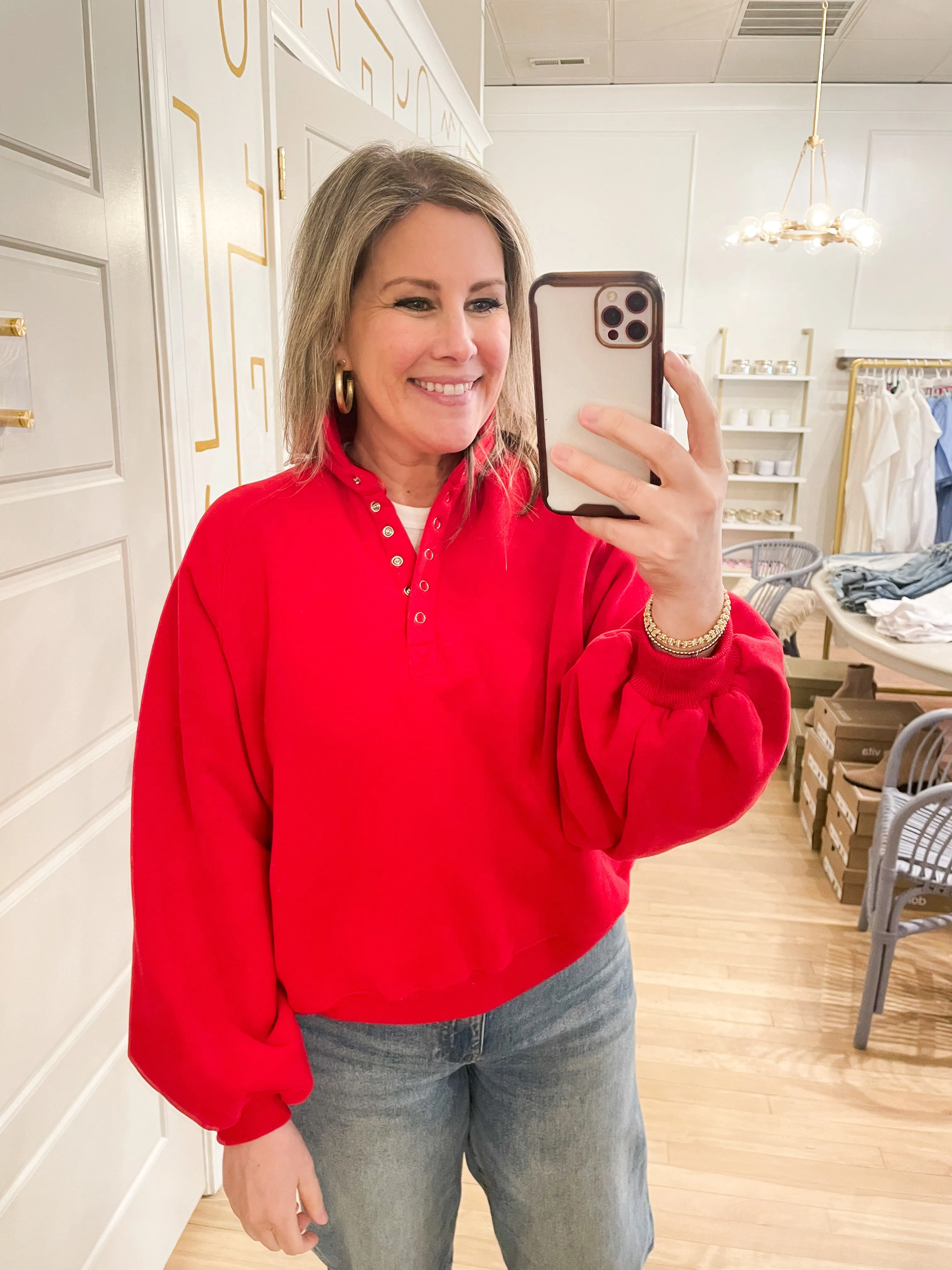 Piper Snap Collared Sweatshirt | True Red sold by Belletique