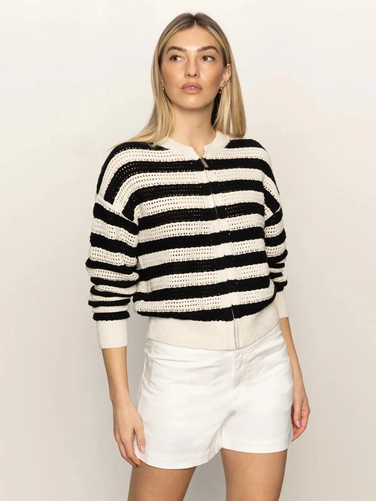 Open Knit Bomber Jacket | Macrame Black Stripe sold by Belletique