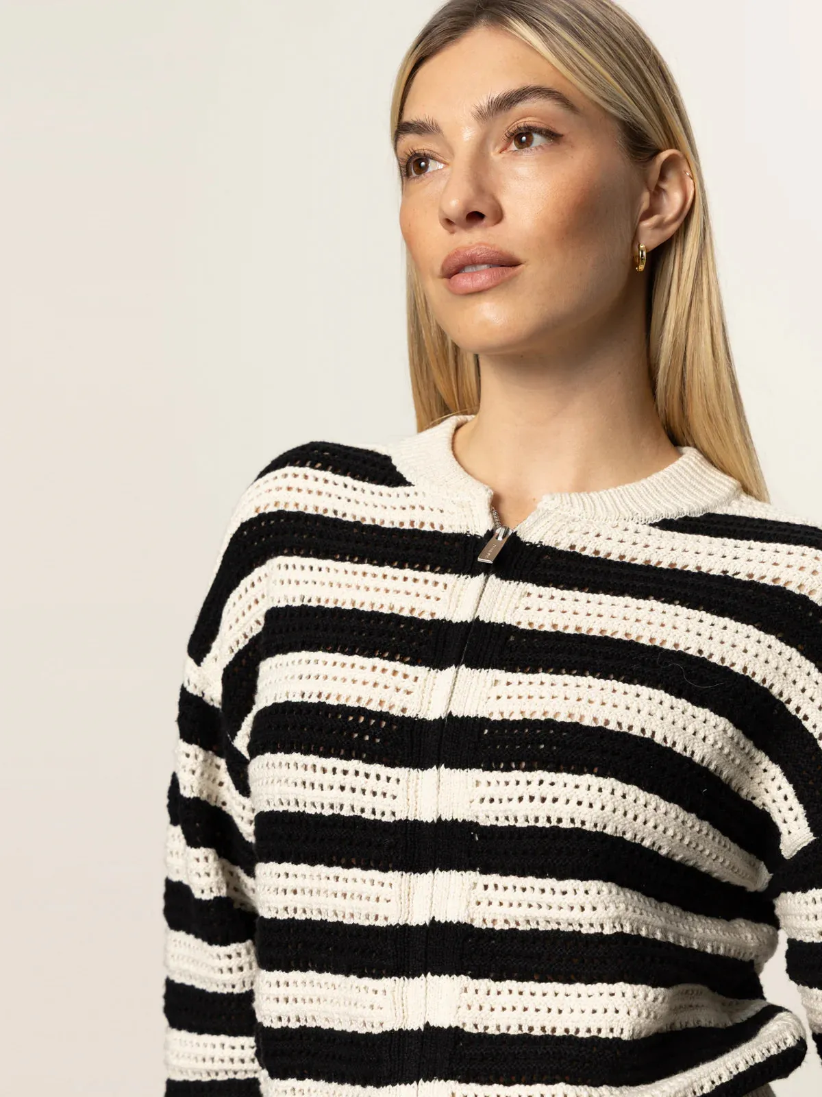 Open Knit Bomber Jacket | Macrame Black Stripe sold by Belletique product image thumbnail 3
