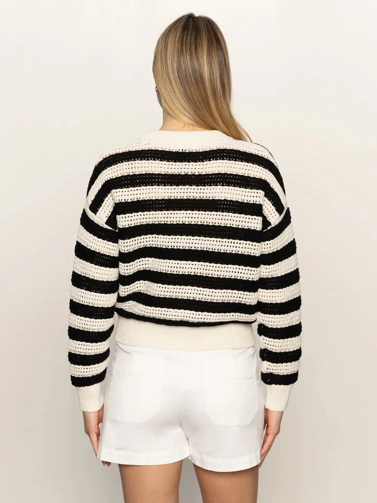 Open Knit Bomber Jacket | Macrame Black Stripe sold by Belletique product image thumbnail 2