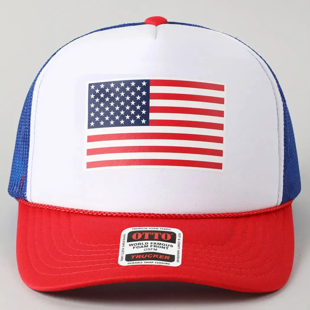 USA Flag High Quality Logo Print Foam Trucker Hat sold by Belletique