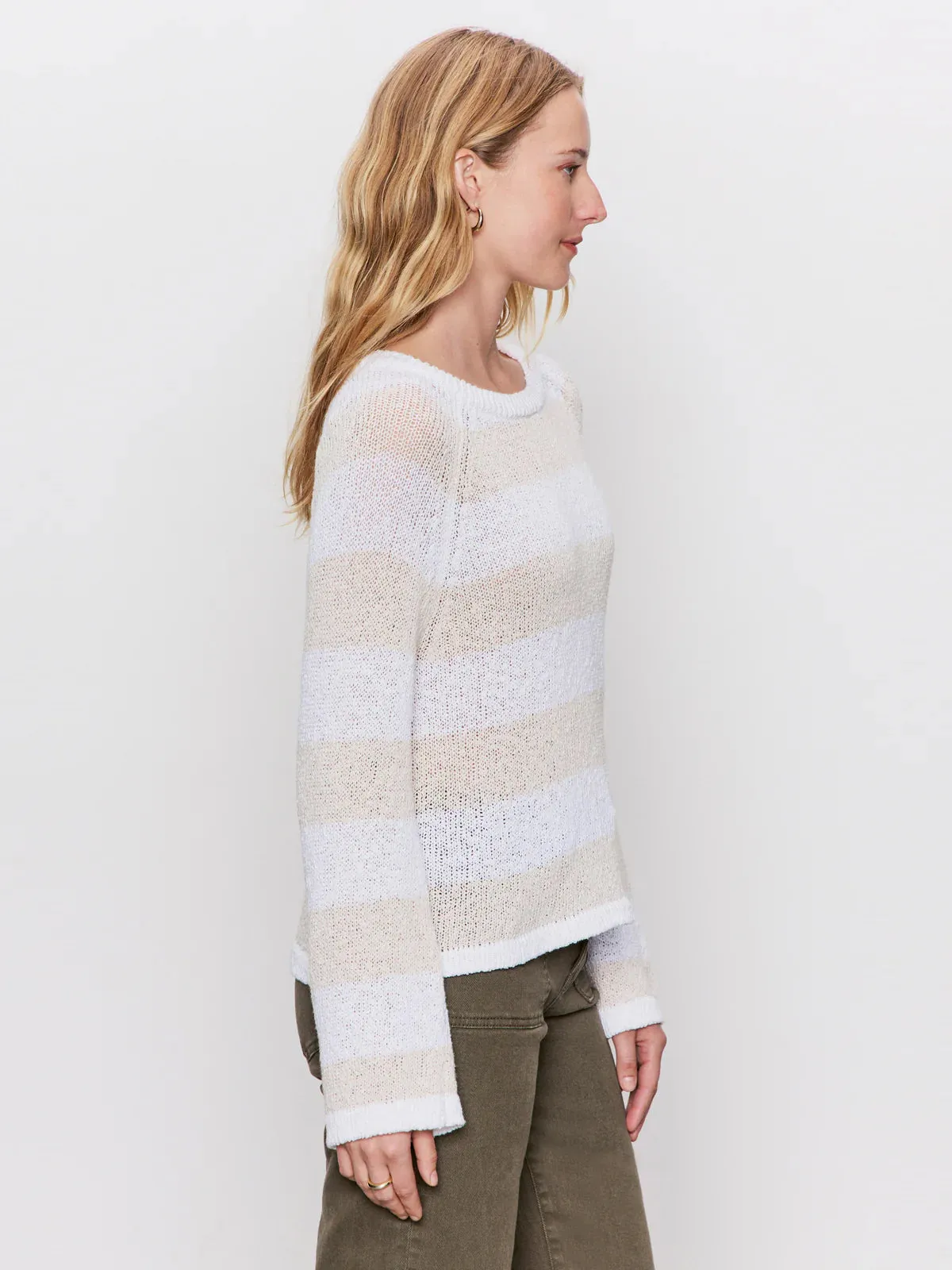Textured Raglan Crew Sweater | White/Light Oat Stripe sold by Belletique product image thumbnail 3