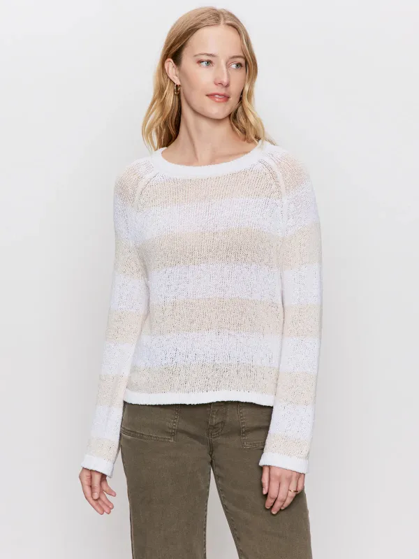 Textured Raglan Crew Sweater | White/Light Oat Stripe sold by Belletique
