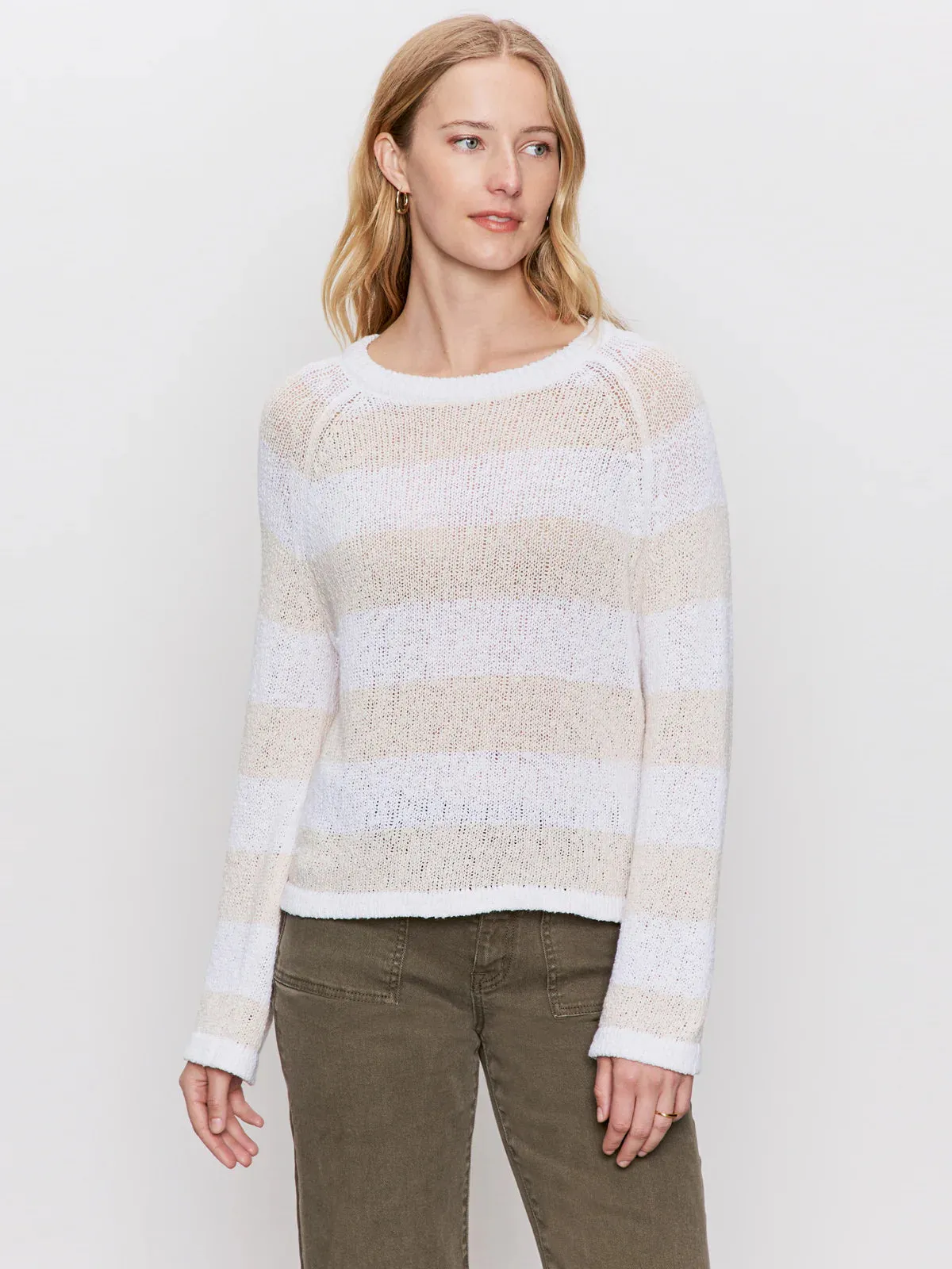 Textured Raglan Crew Sweater | White/Light Oat Stripe sold by Belletique