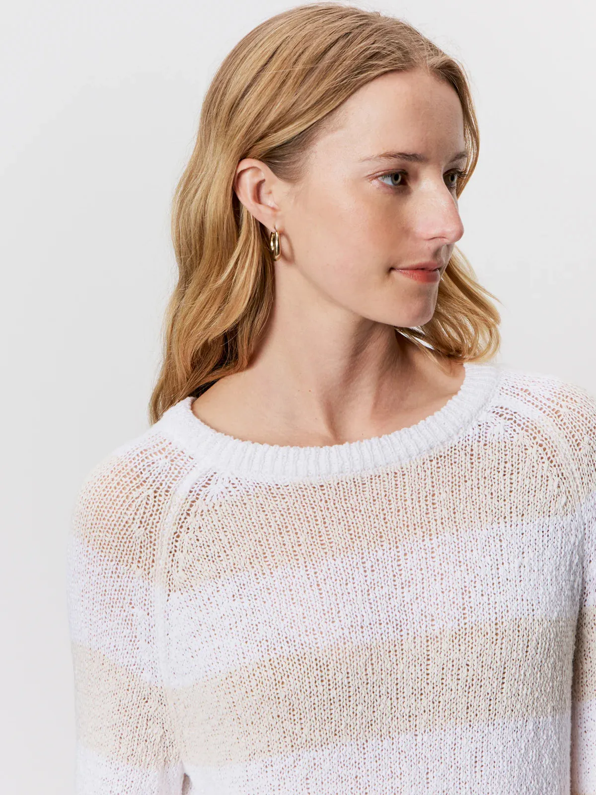 Textured Raglan Crew Sweater | White/Light Oat Stripe sold by Belletique product image thumbnail 2