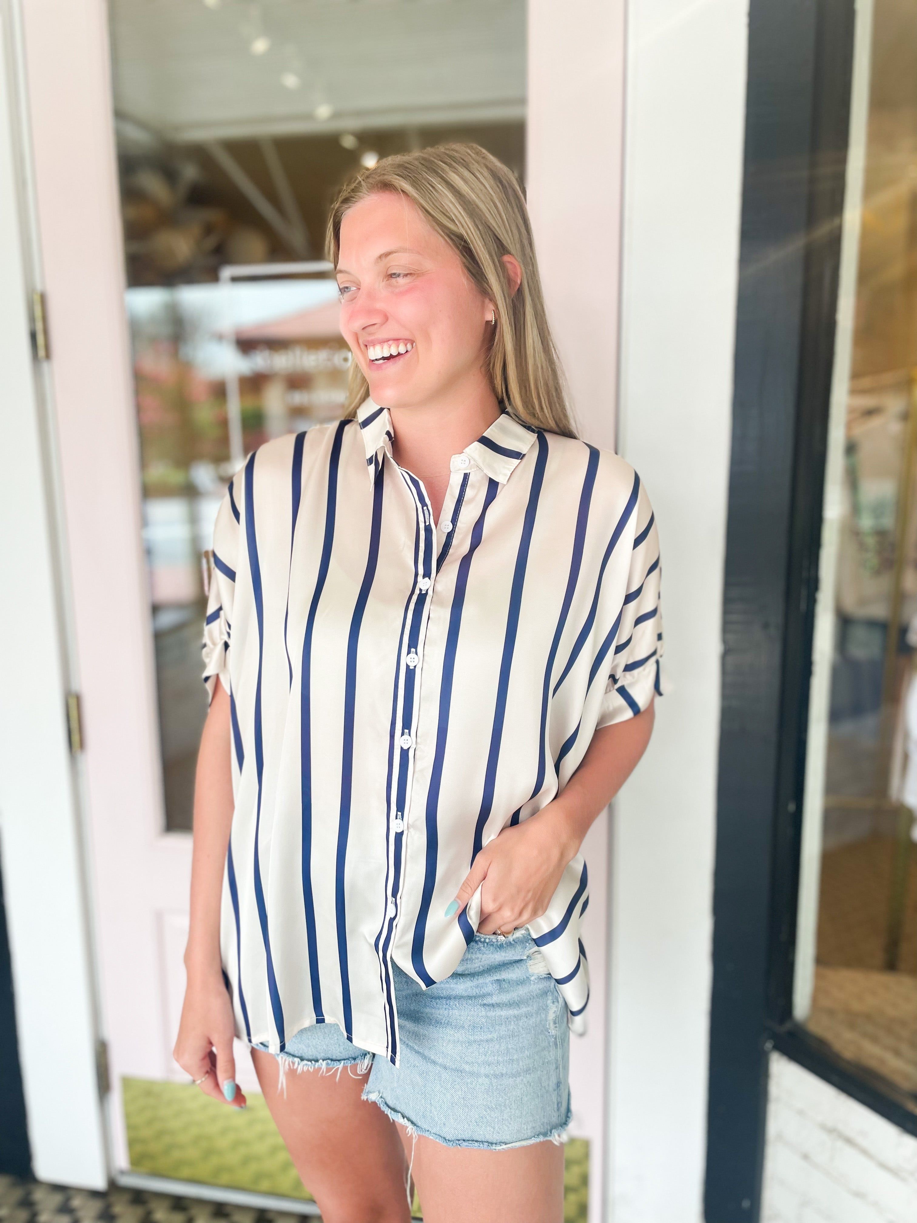 Navy Striped Top sold by Belletique