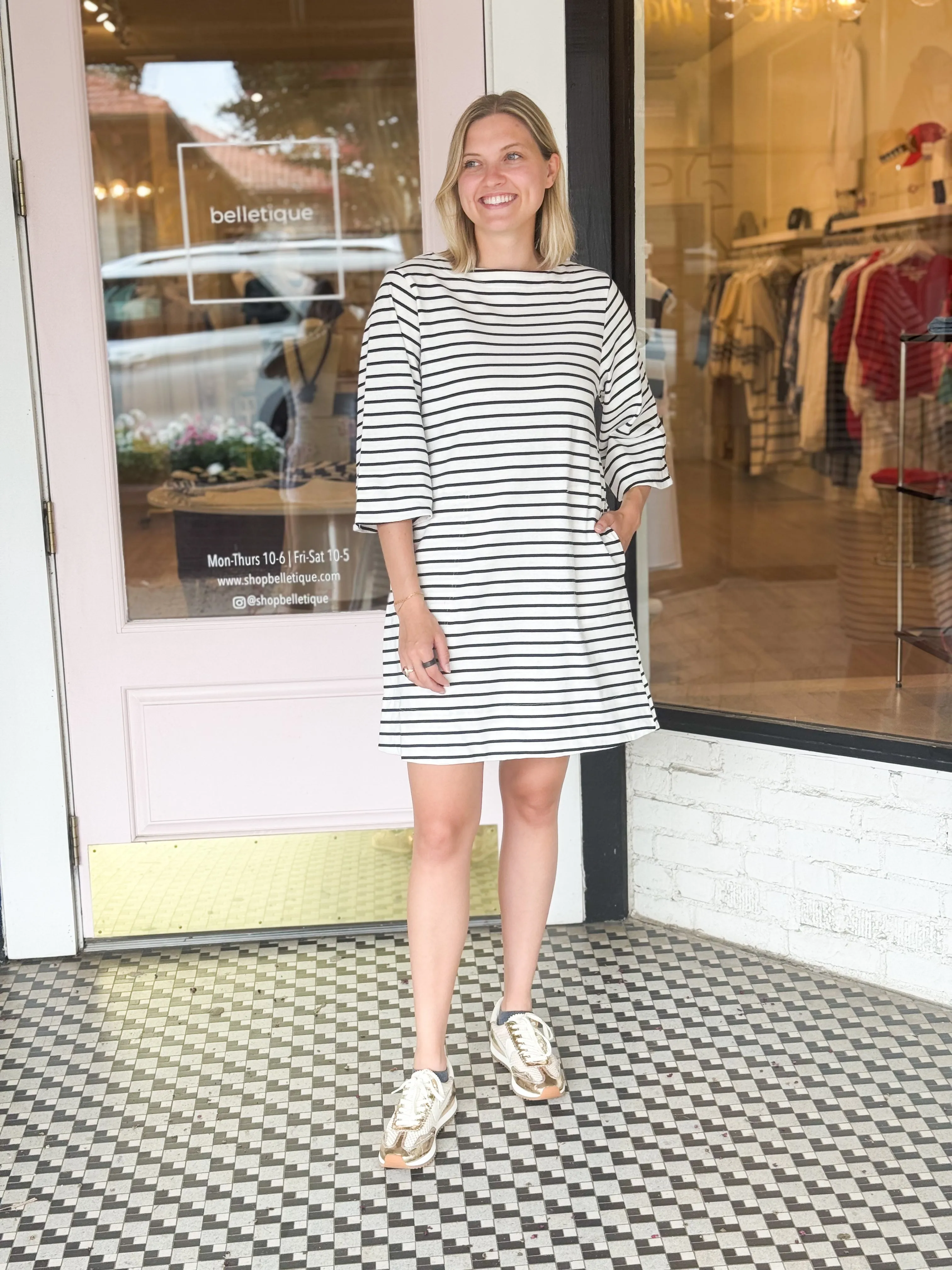 Striped Boat Neck Dress | Black + Ivory sold by Belletique