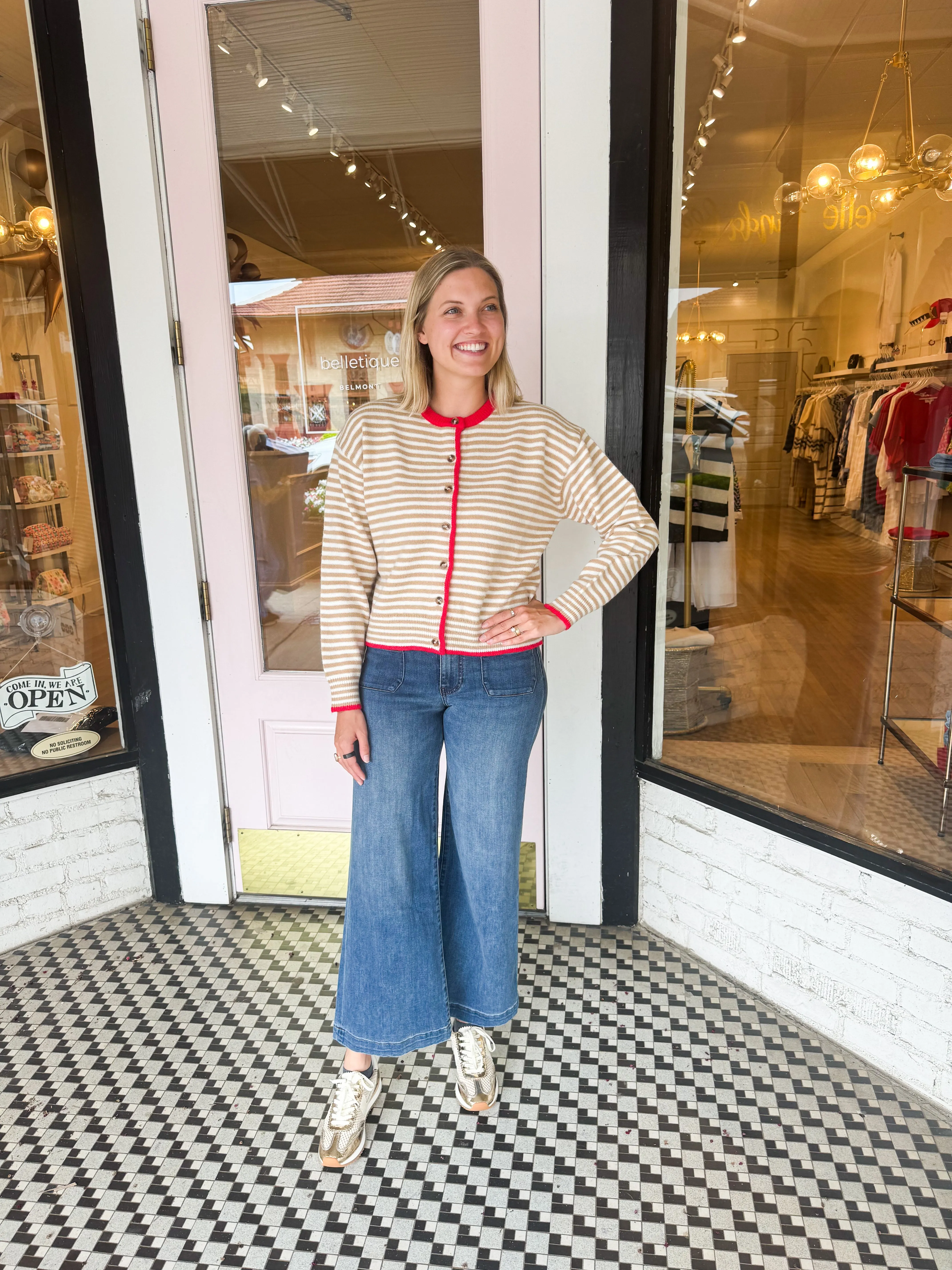 Striped Cardigan | Taupe + Red sold by Belletique product image thumbnail 2
