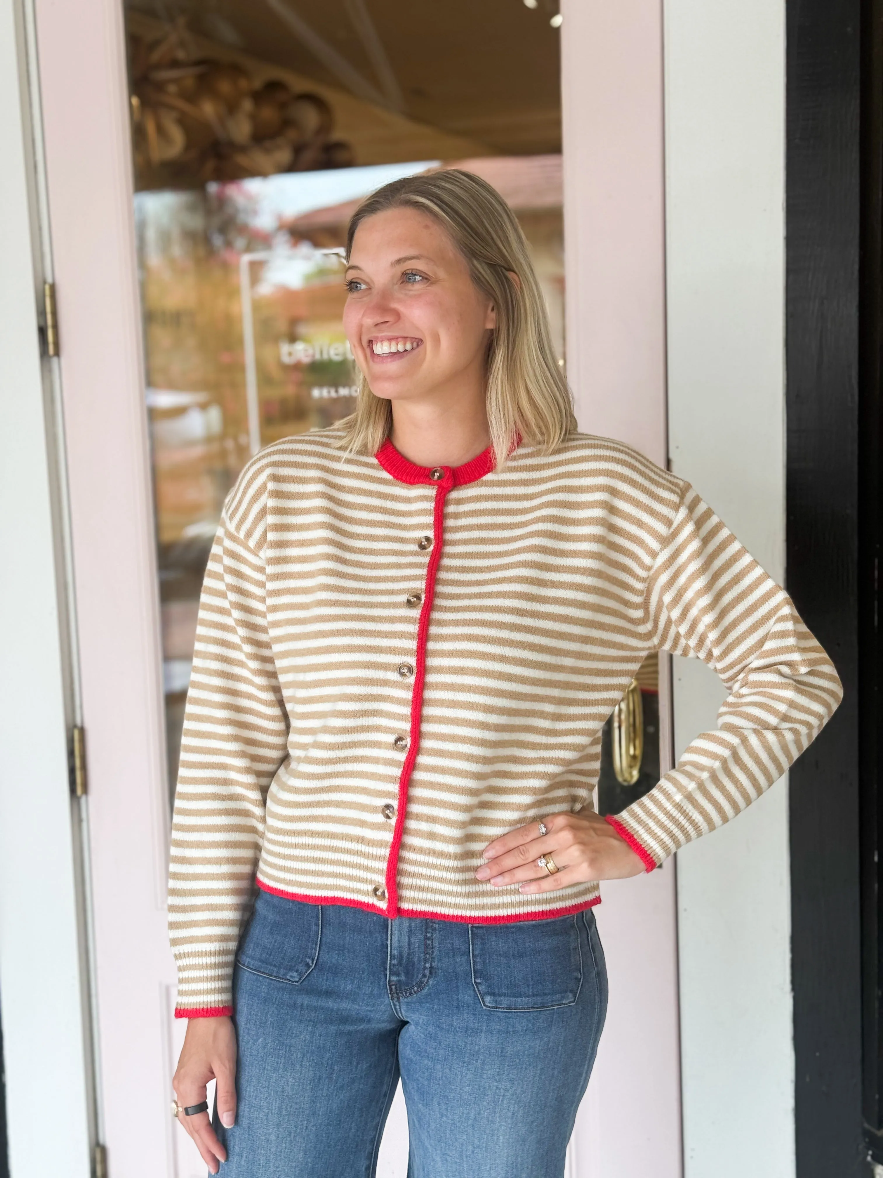 Striped Cardigan | Taupe + Red sold by Belletique