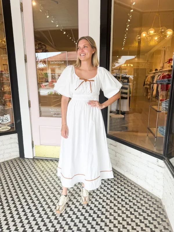 Camel Piping Midi Dress sold by Belletique