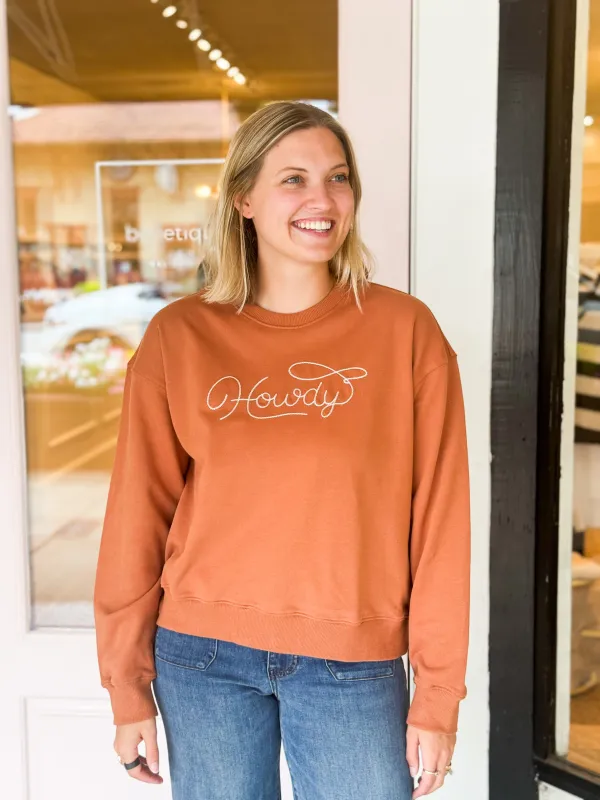 Howdy Stitched Sweatshirt | Rust sold by Belletique