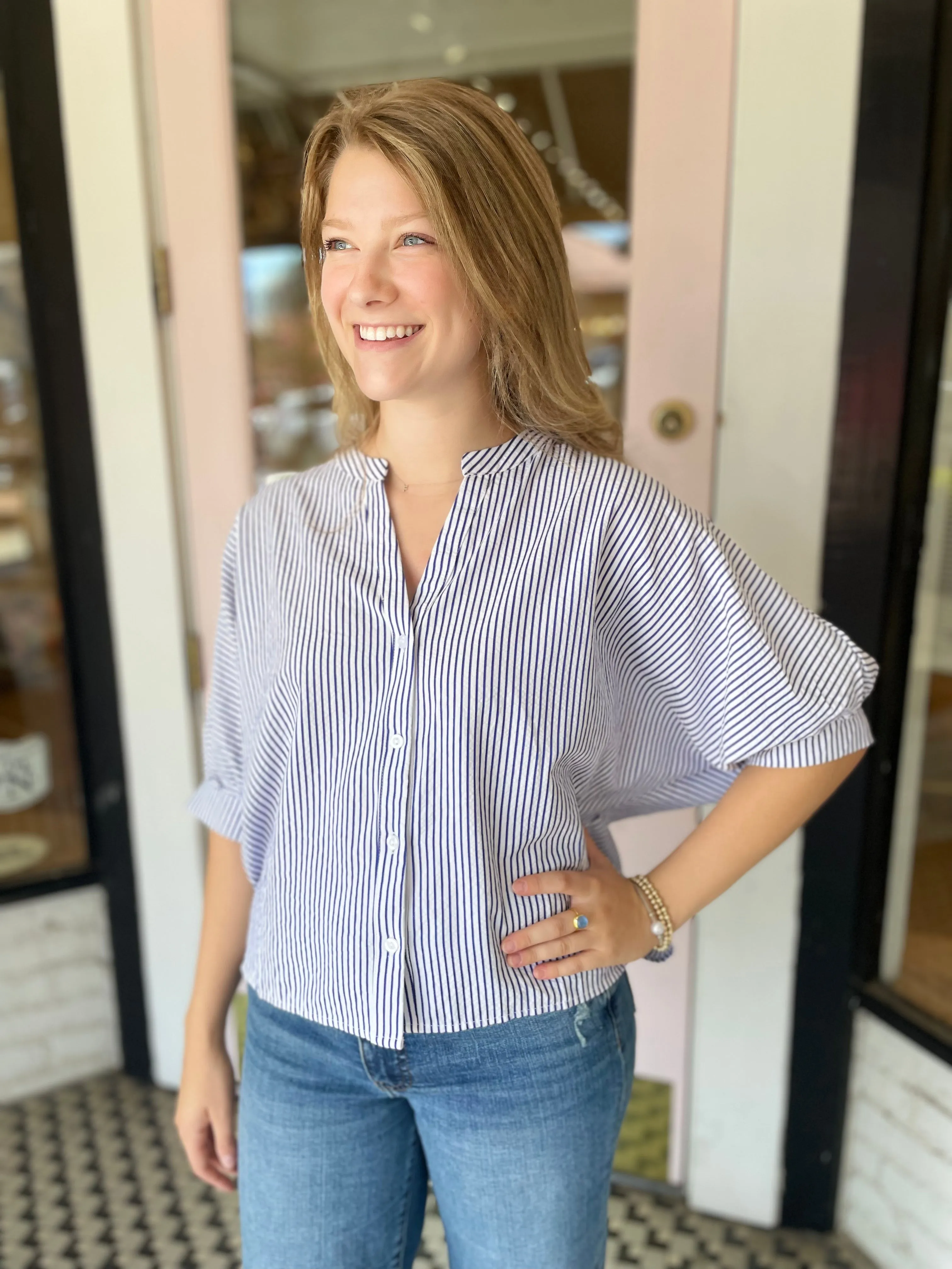 Striped Dolman Blouse | Blue sold by Belletique product image thumbnail 2
