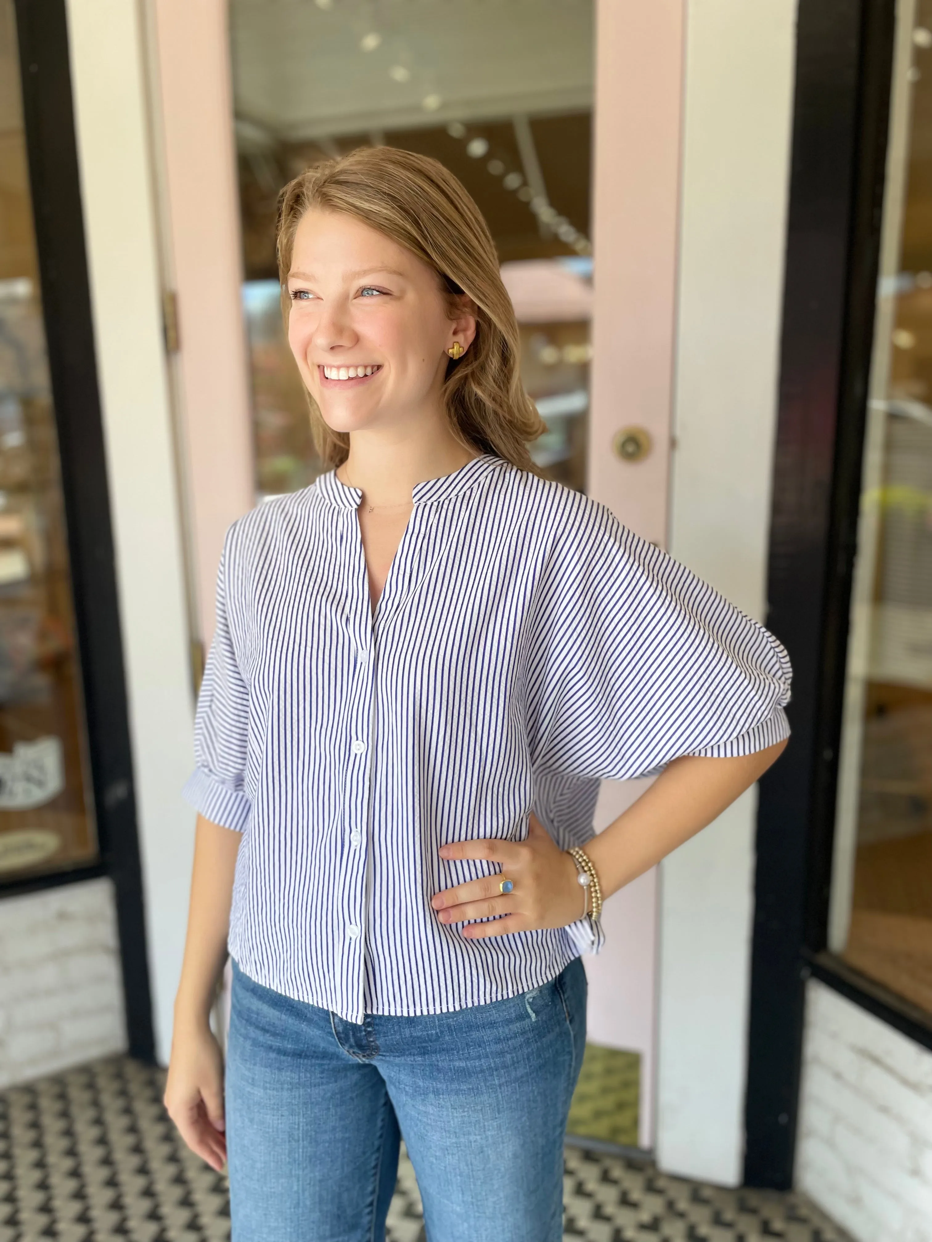 Striped Dolman Blouse | Blue sold by Belletique