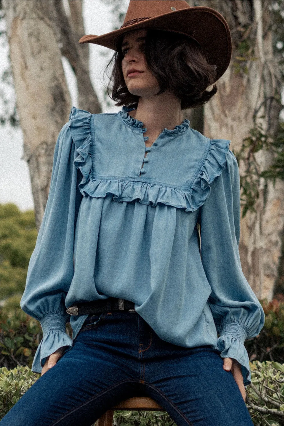 Ruffled Tencel Blouse sold by Belletique