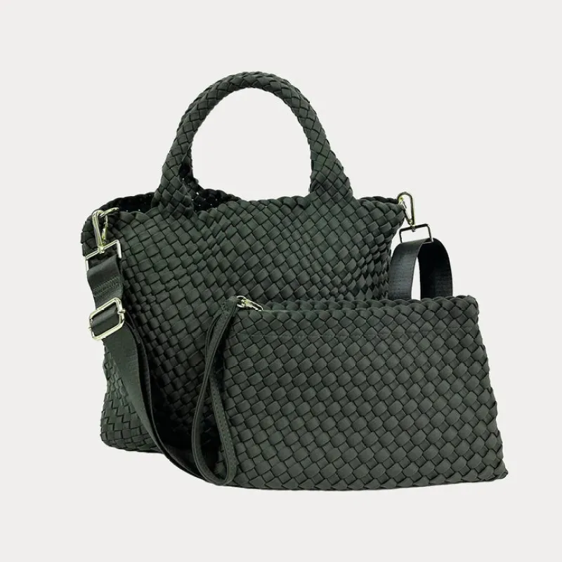 Lily Woven Neoprene Tote with Pouch | Army sold by Belletique