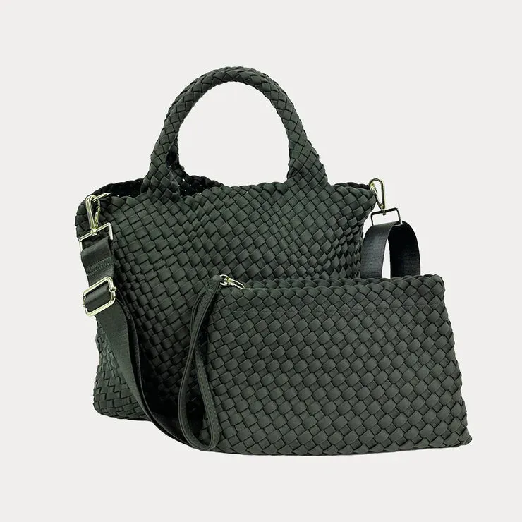 Lily Woven Neoprene Tote with Pouch | Army sold by Belletique