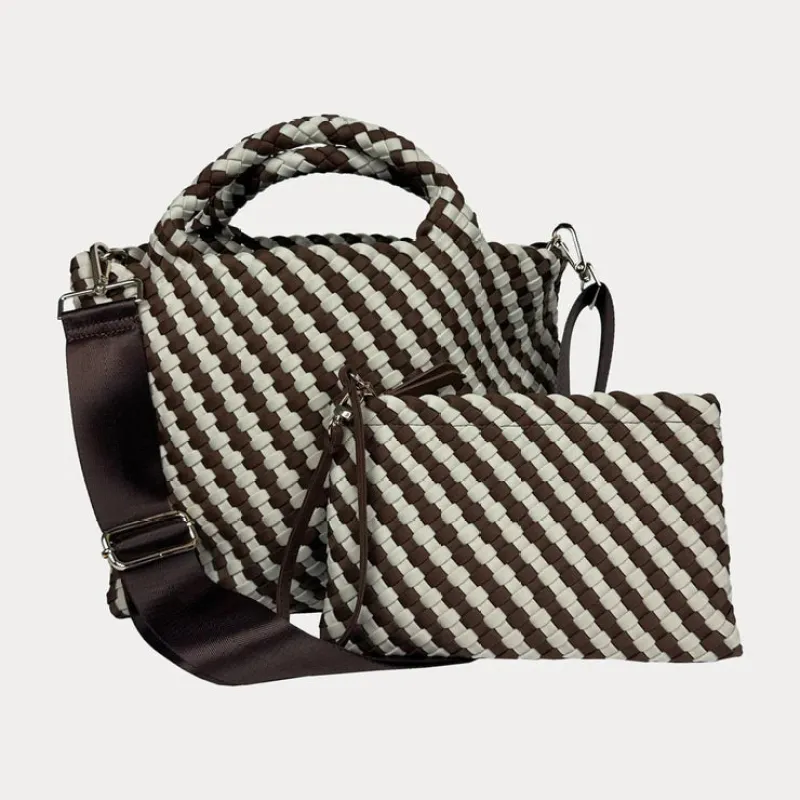 Lily Woven Neoprene Tote with Pouch | Chocolate/Ecru sold by Belletique