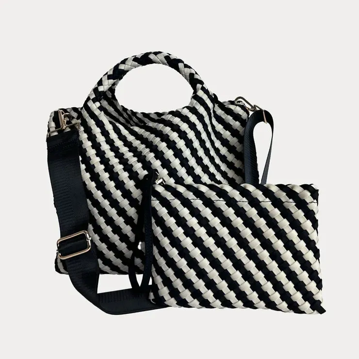 Lily Woven Neoprene Tote with Pouch | Black/Ecru sold by Belletique