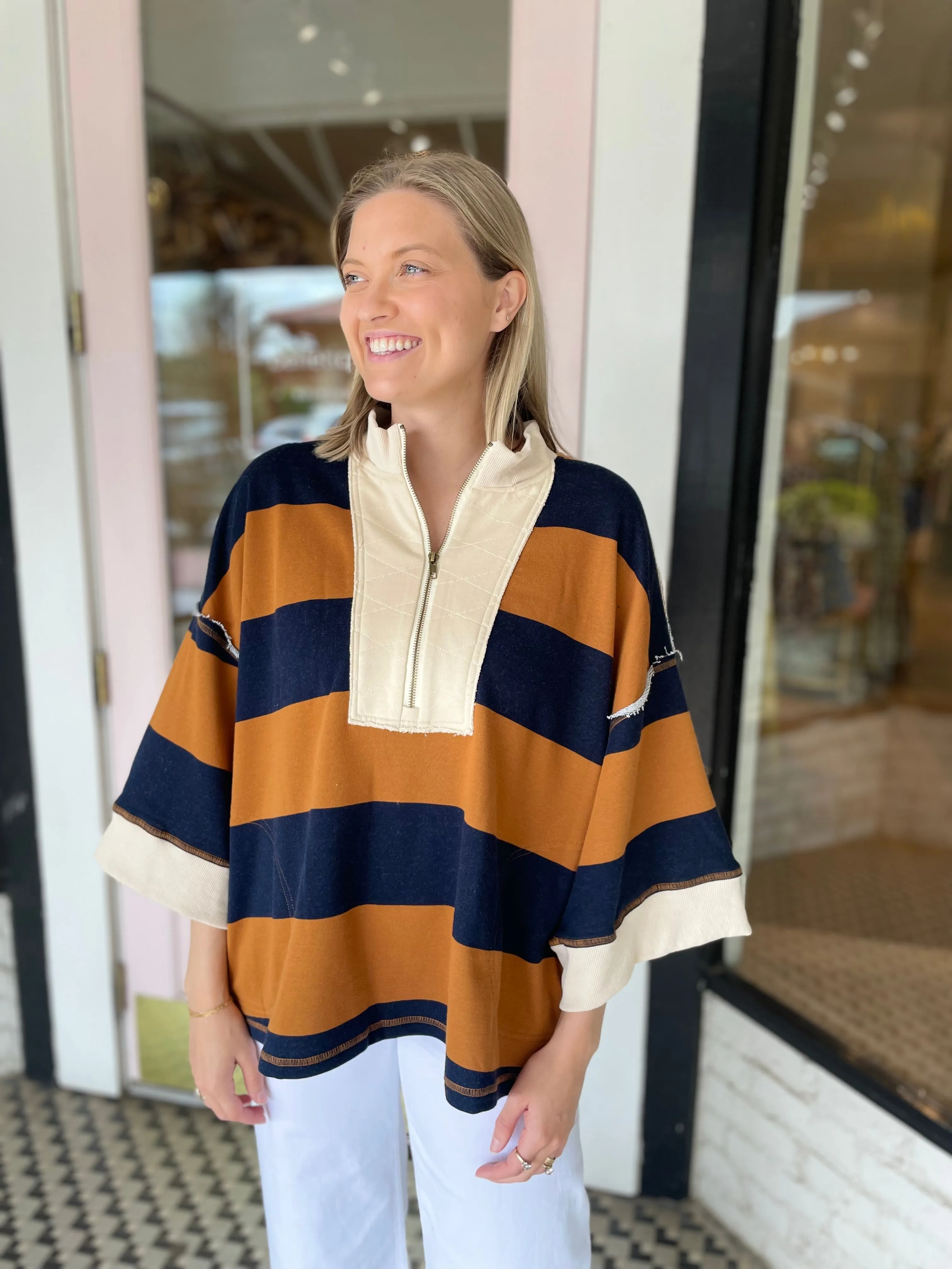Oversized Striped Pullover | Brown + Navy sold by Belletique