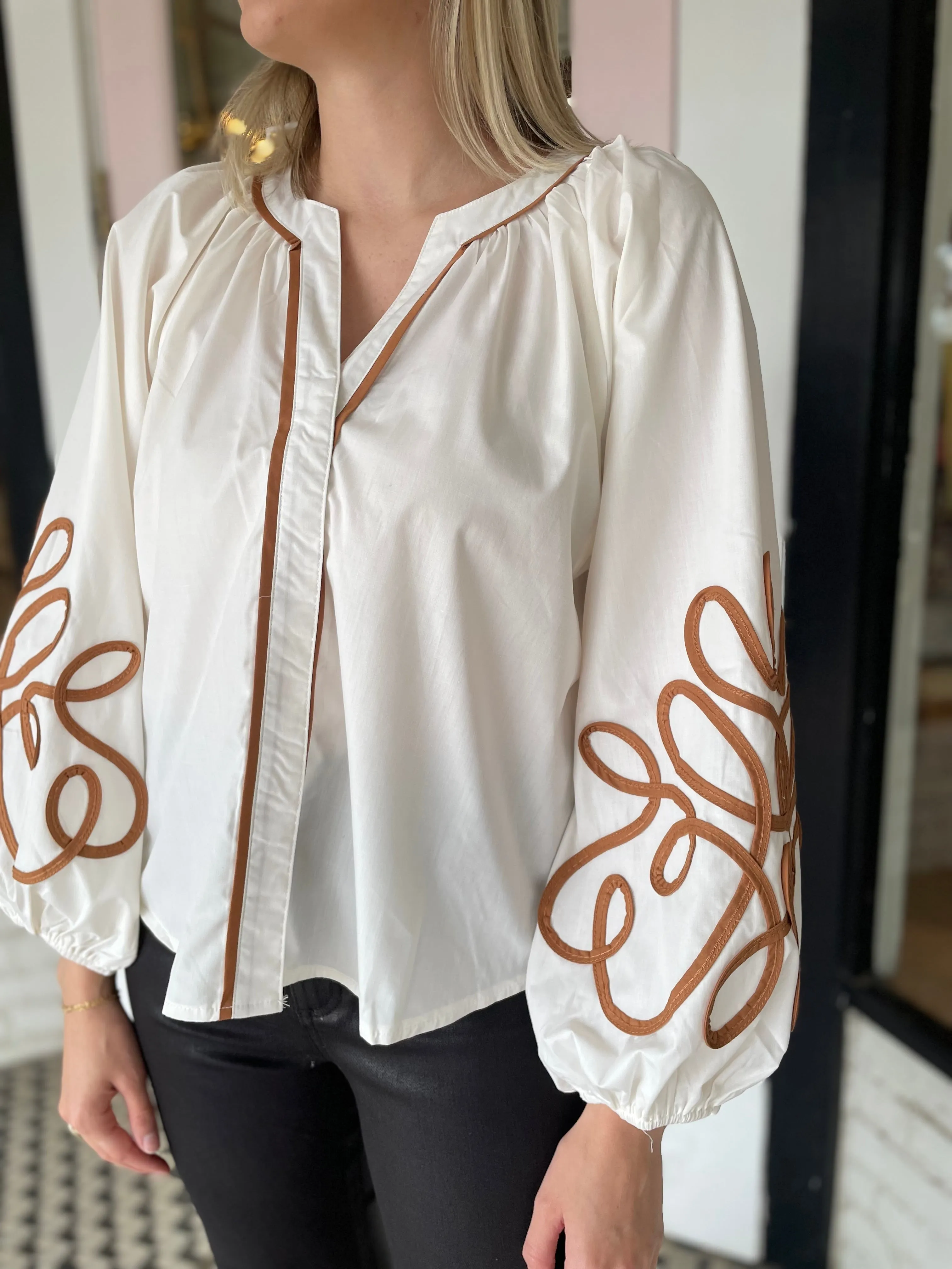 Soutache Blouse | Ivory + Brown sold by Belletique product image thumbnail 2