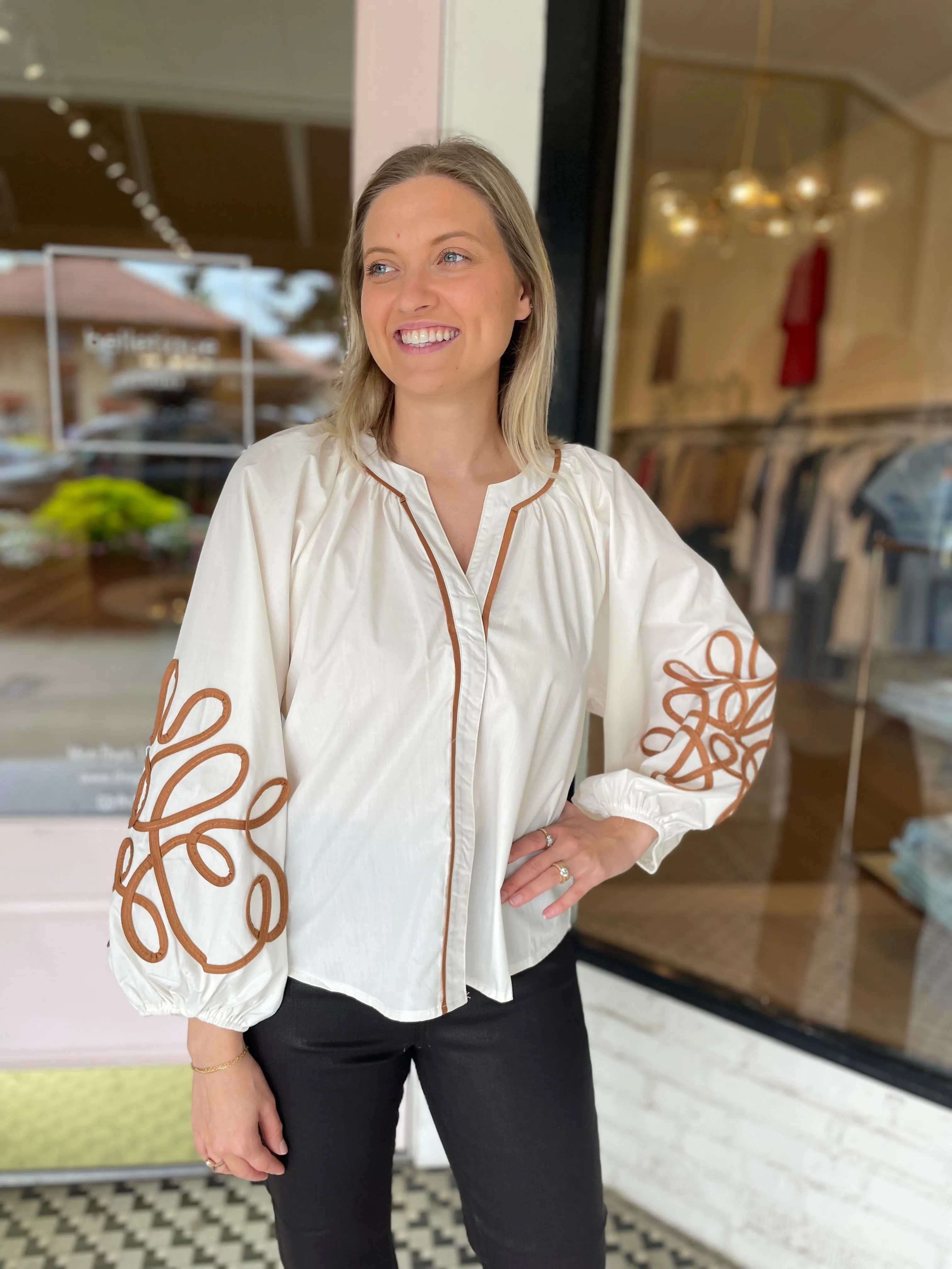 Soutache Blouse | Ivory + Brown sold by Belletique