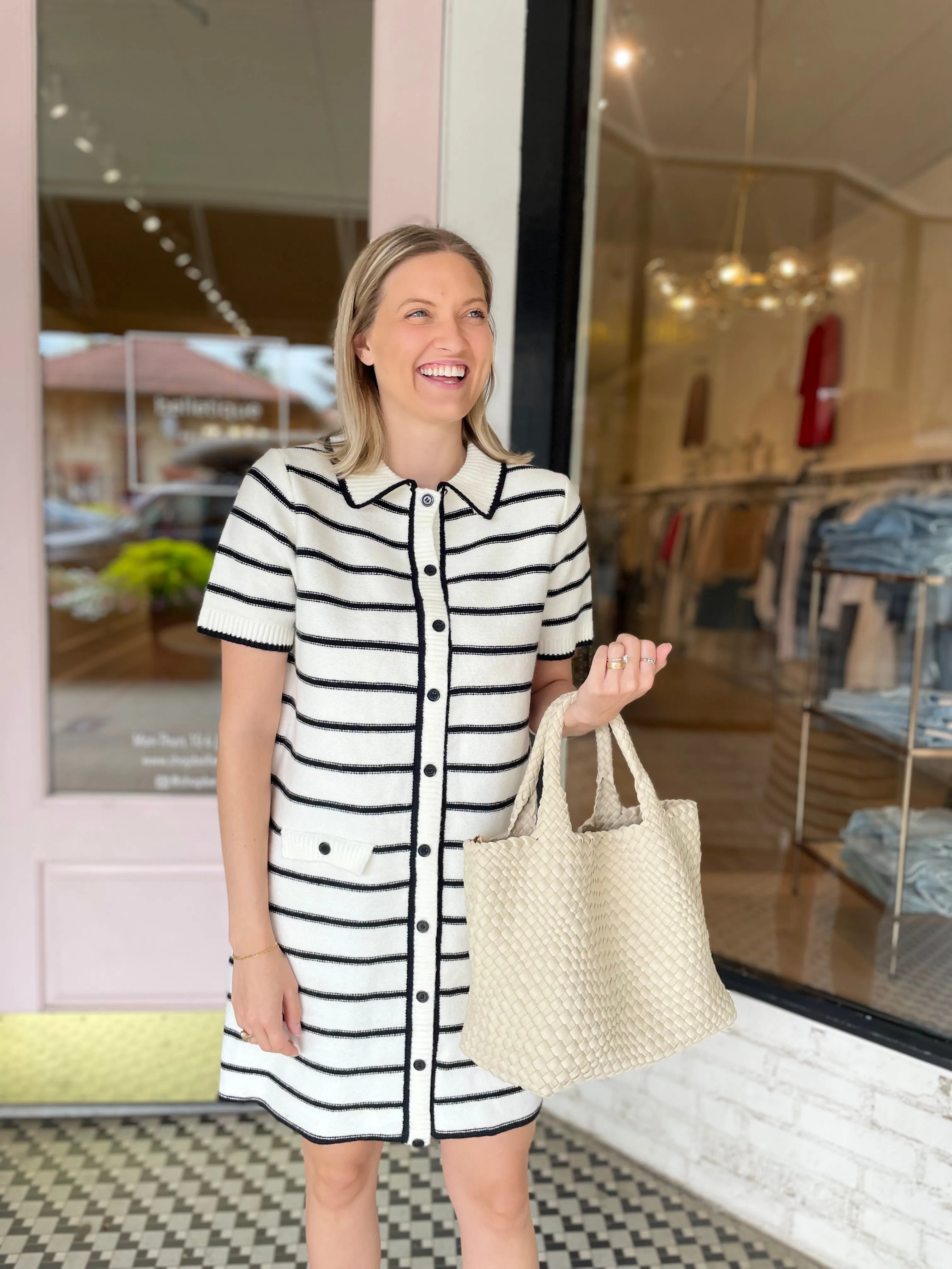 Striped Sweater Dress | Black + White sold by Belletique