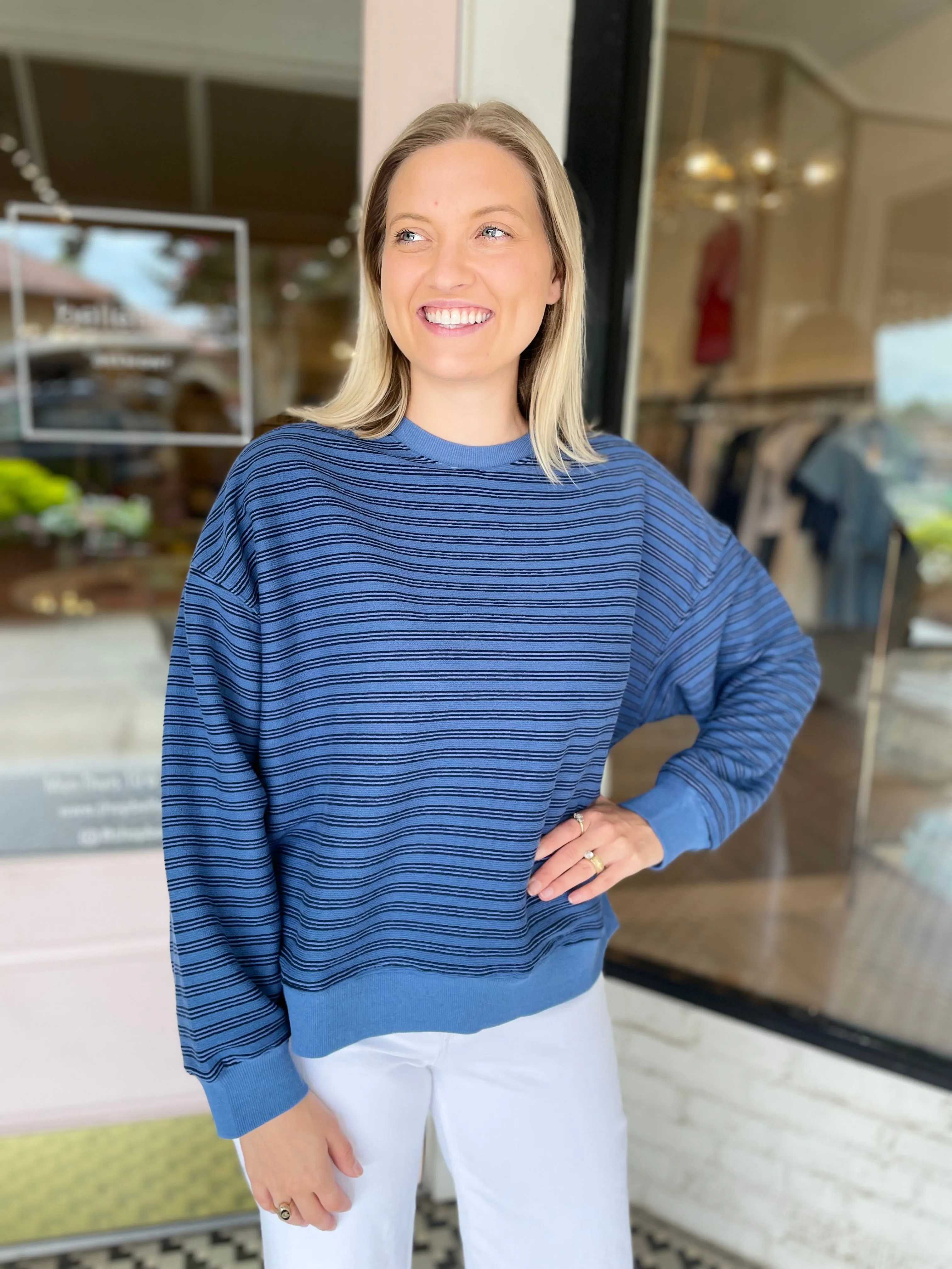 Striped Pullover | Navy sold by Belletique
