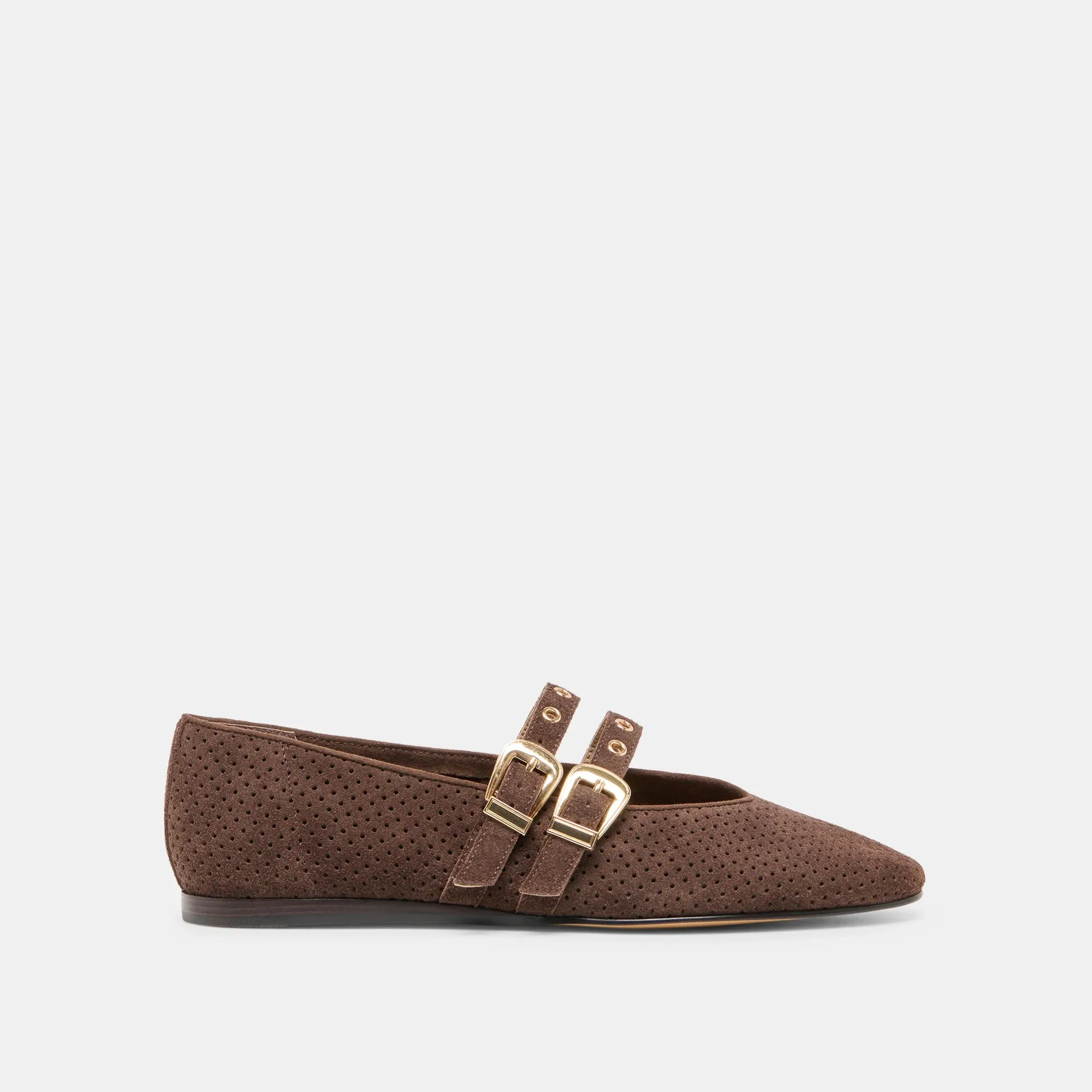 Baylee Grommet Ballet Flats | Dk Brown Perforated Suede sold by Belletique