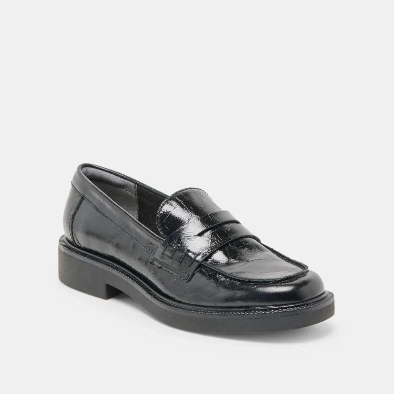 Tiggy Midnight Crinkle Patent Loafers sold by Belletique