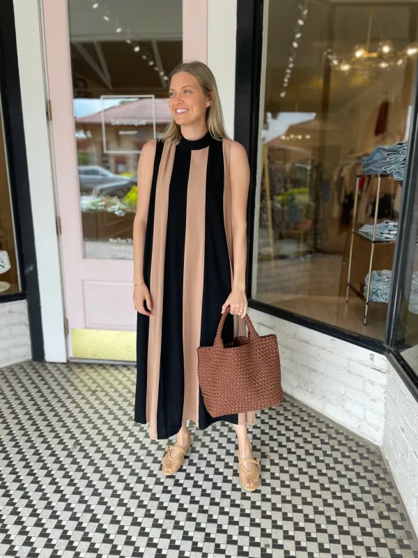 Mod Striped Maxi Dress | Black + Tan sold by Belletique