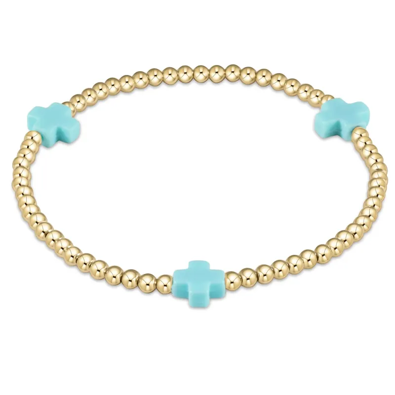 signature cross gold pattern 3mm bead bracelet - turquoise sold by Belletique