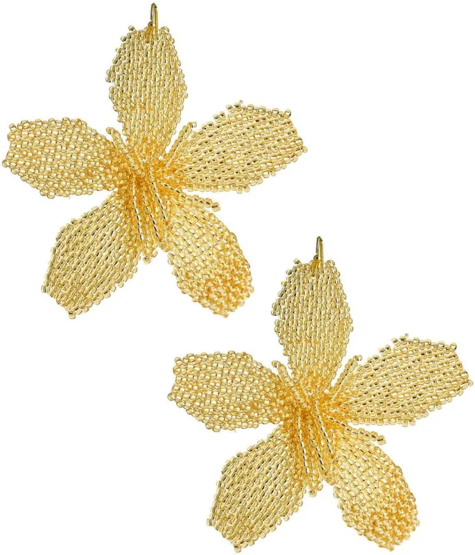 Gwen - Gold Beaded Fabric Flower Earring made by Belletique