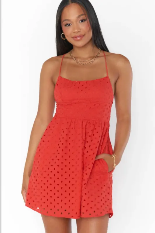 Out of Town Mini Dress | Red Eyelet sold by Belletique