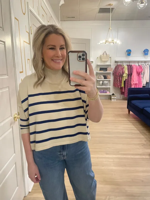 Aja Stripe Top | Ecru + Navy sold by Belletique