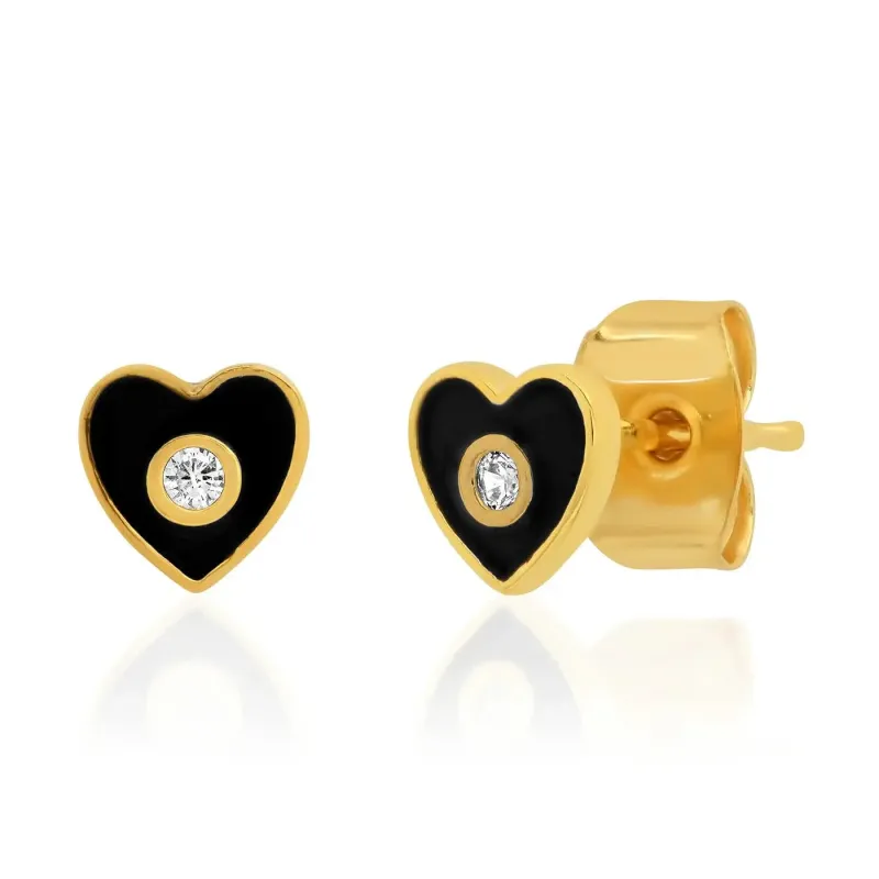 Enamel Heart Studs + Cz Accent | Black made by Tai