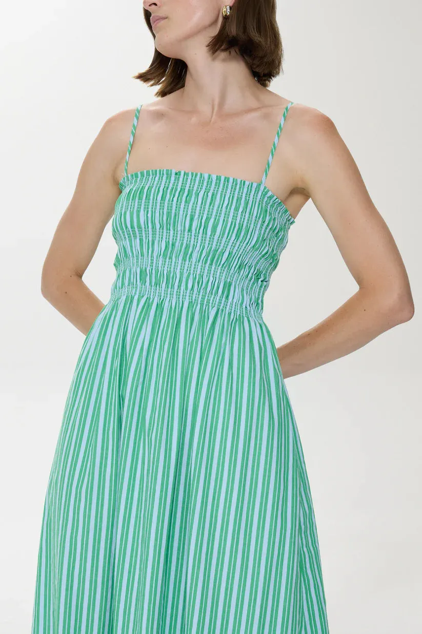 Bianca Shirred Bodice Dress | Green + Blue Stripe sold by Belletique product image thumbnail 4