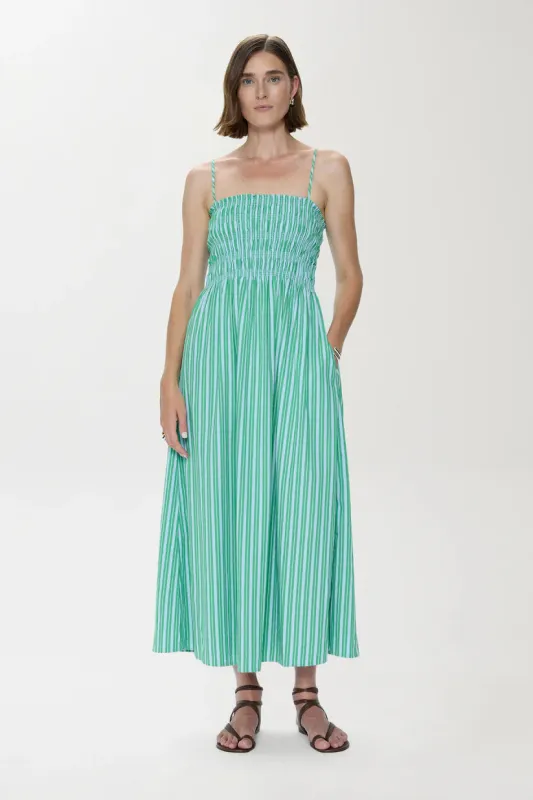 Bianca Shirred Bodice Dress | Green + Blue Stripe made by Pistola