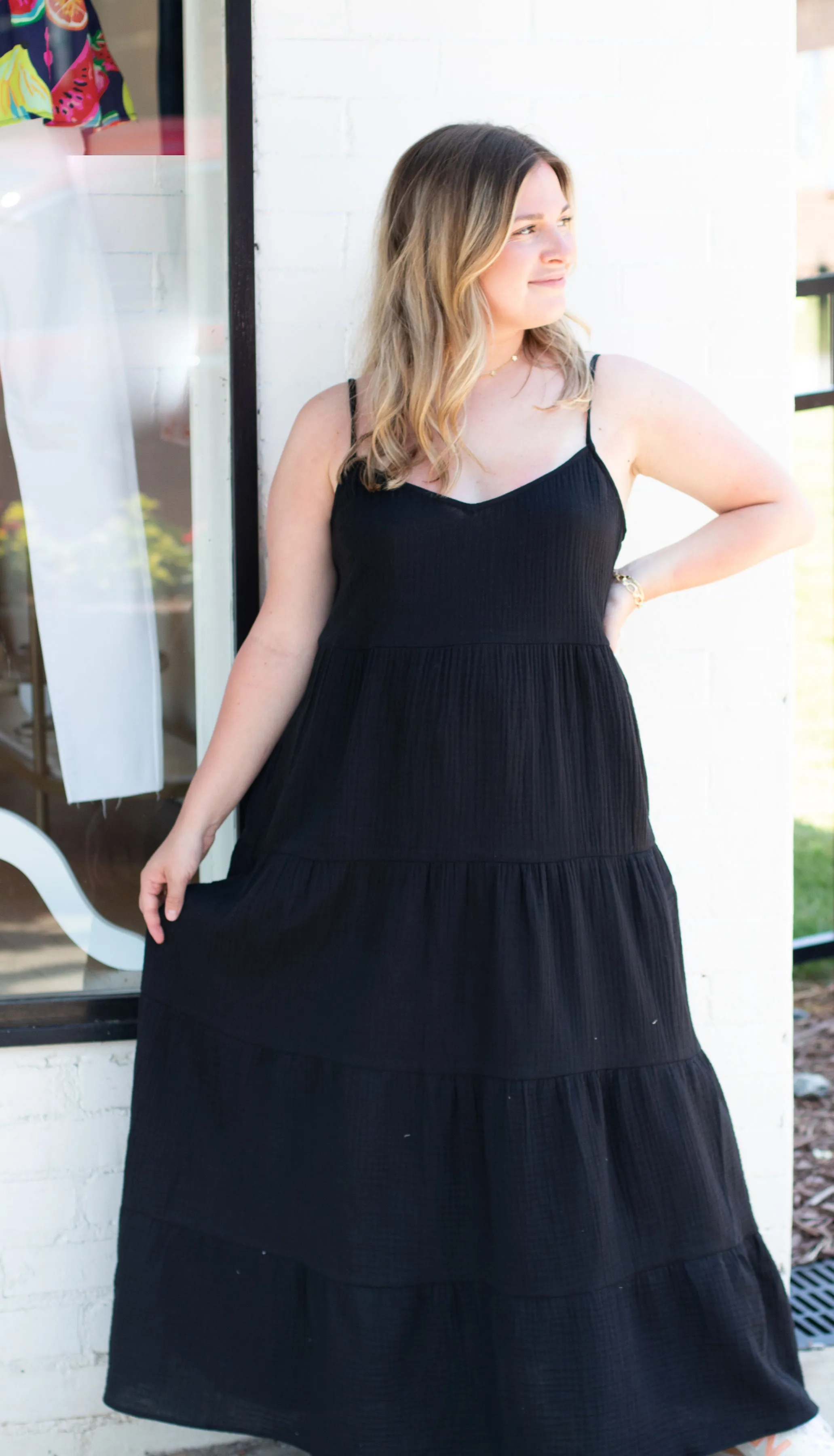 Caroline Maxi Dress | Black Gauze sold by Belletique