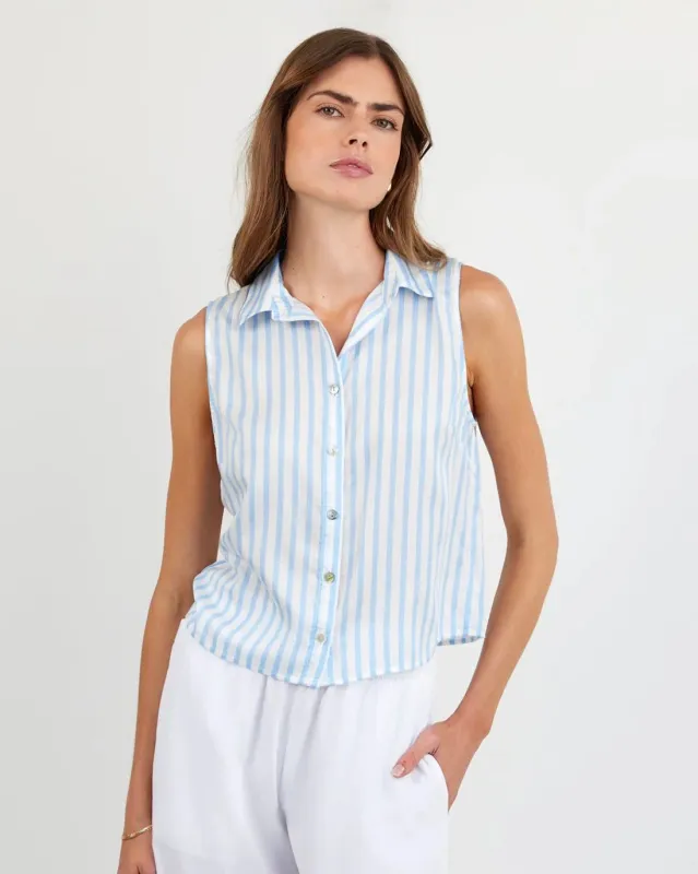 Clean Sleeveless Button Down | Tidal Blue Stripe made by Bella Dahl