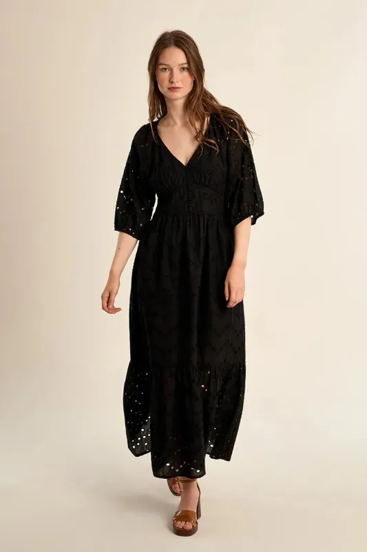 Openwork Embroidered Cotton Dress | Black made by Molly Bracken